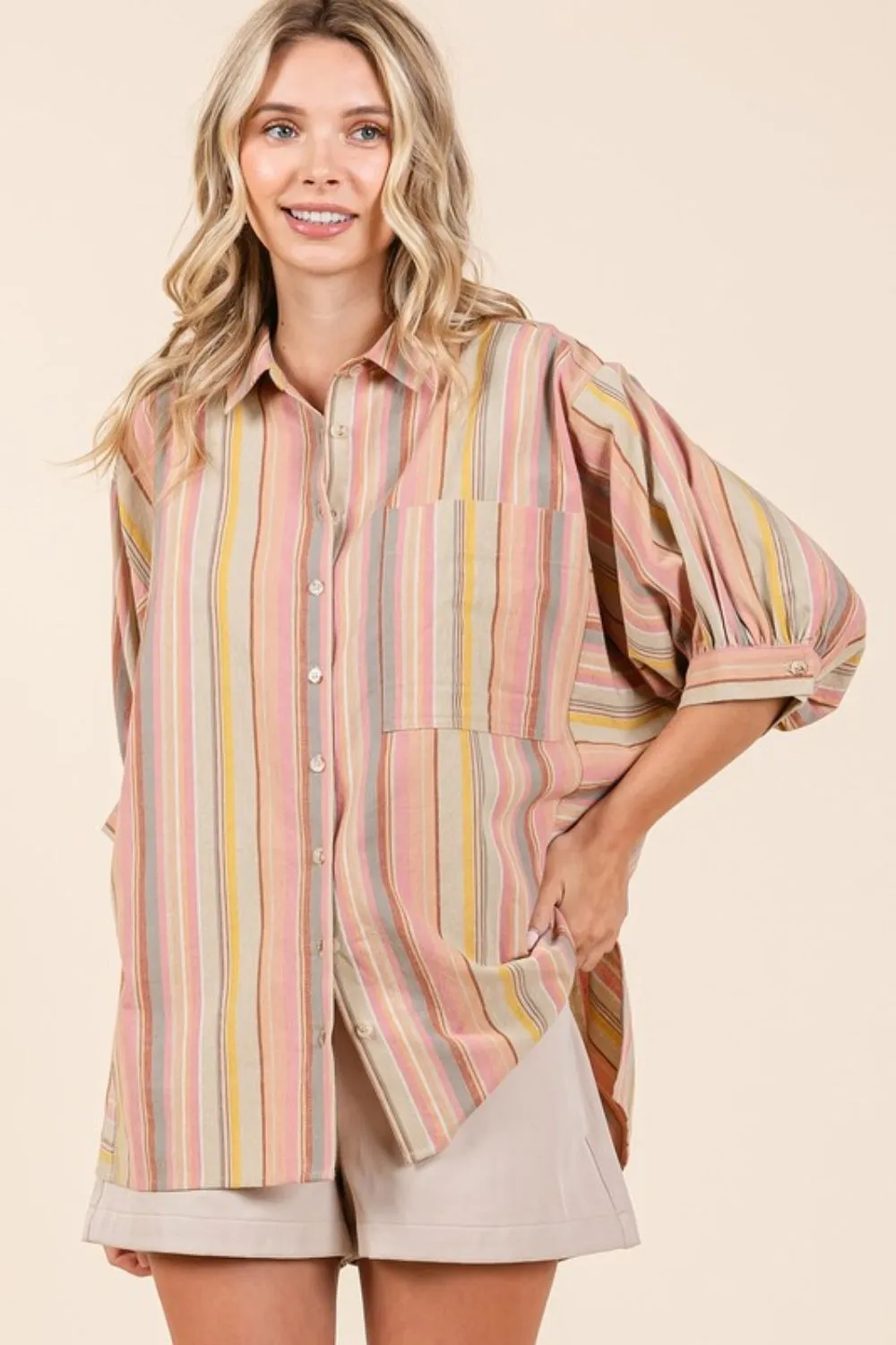 Multicolor Striped Bubble Sleeve Button Down Shirt