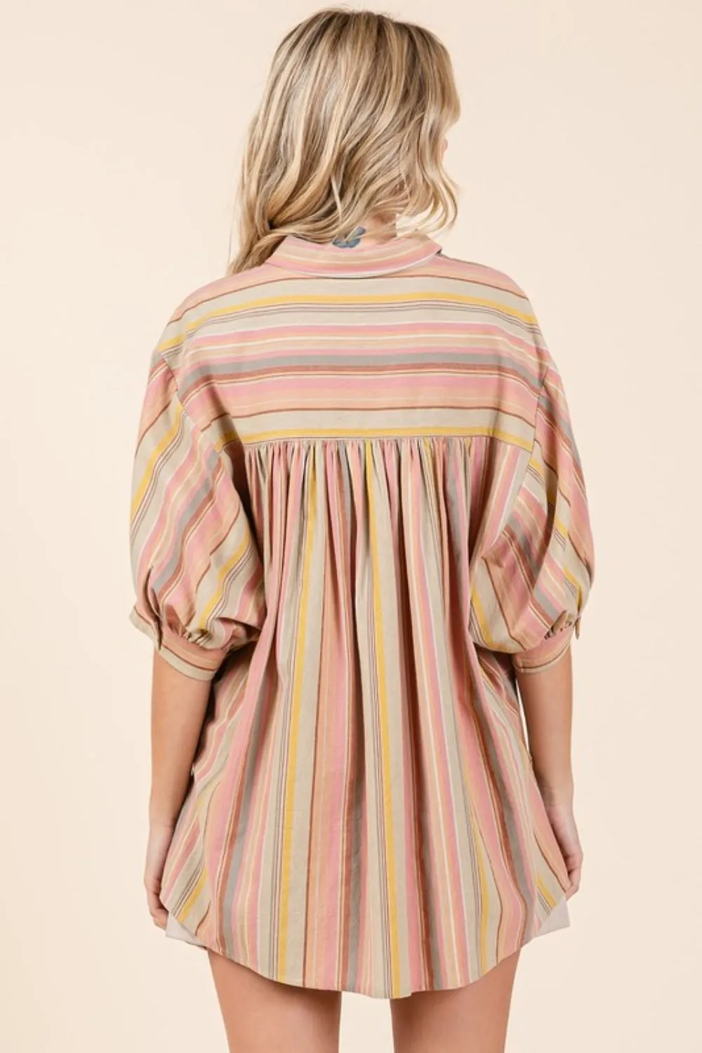 Multicolor Striped Bubble Sleeve Button Down Shirt