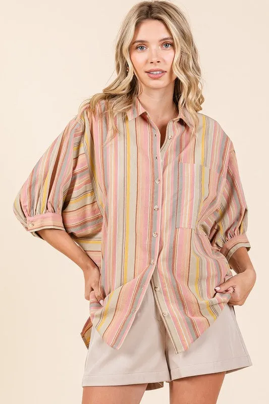 Multicolor Striped Bubble Sleeve Button Down Shirt