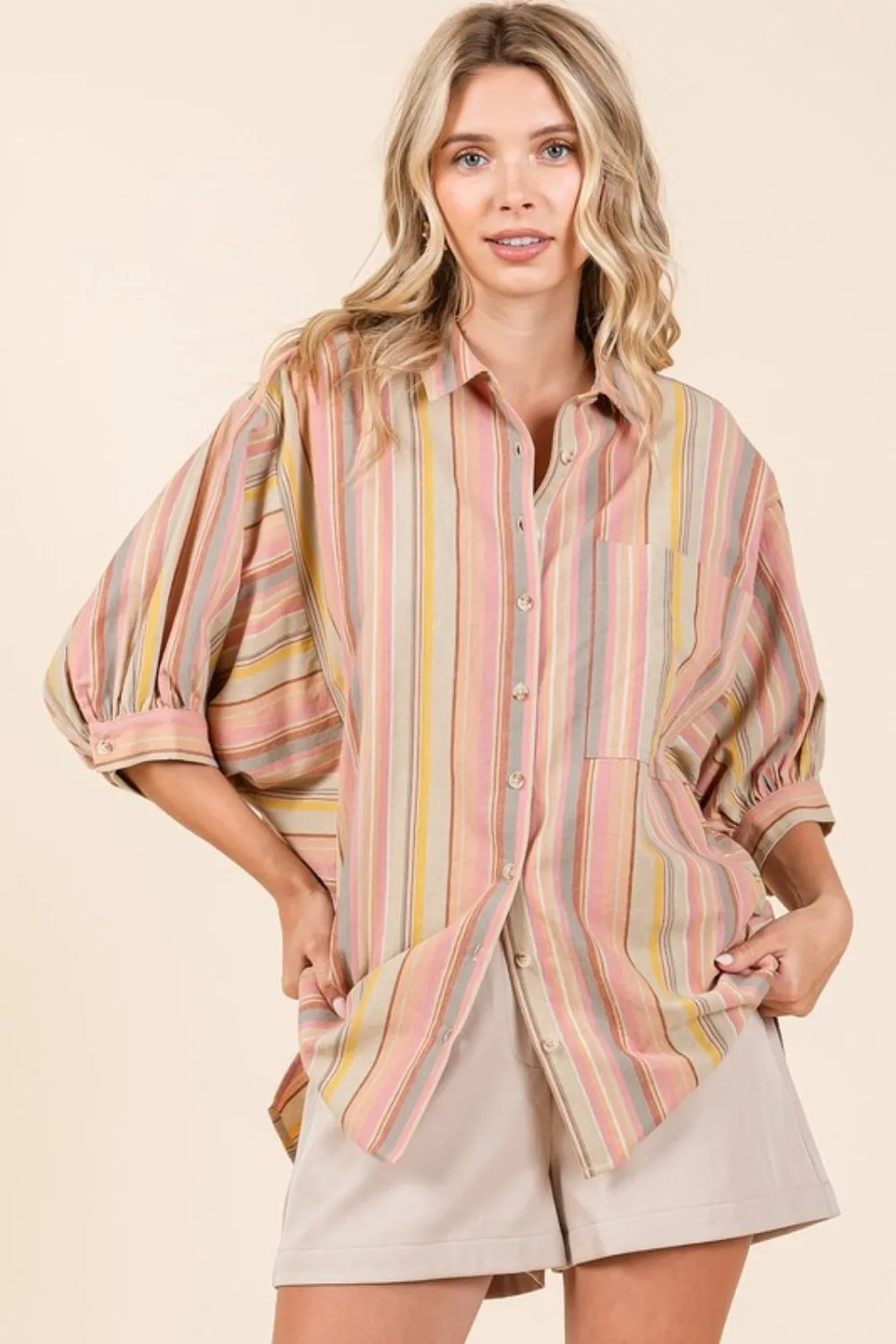 Multicolor Striped Bubble Sleeve Button Down Shirt
