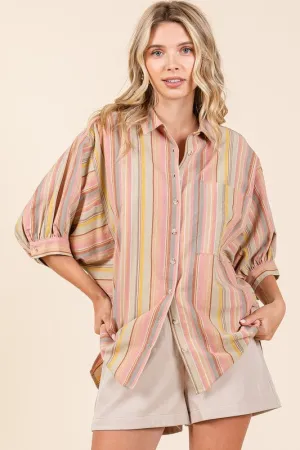 Multicolor Striped Bubble Sleeve Button Down Shirt