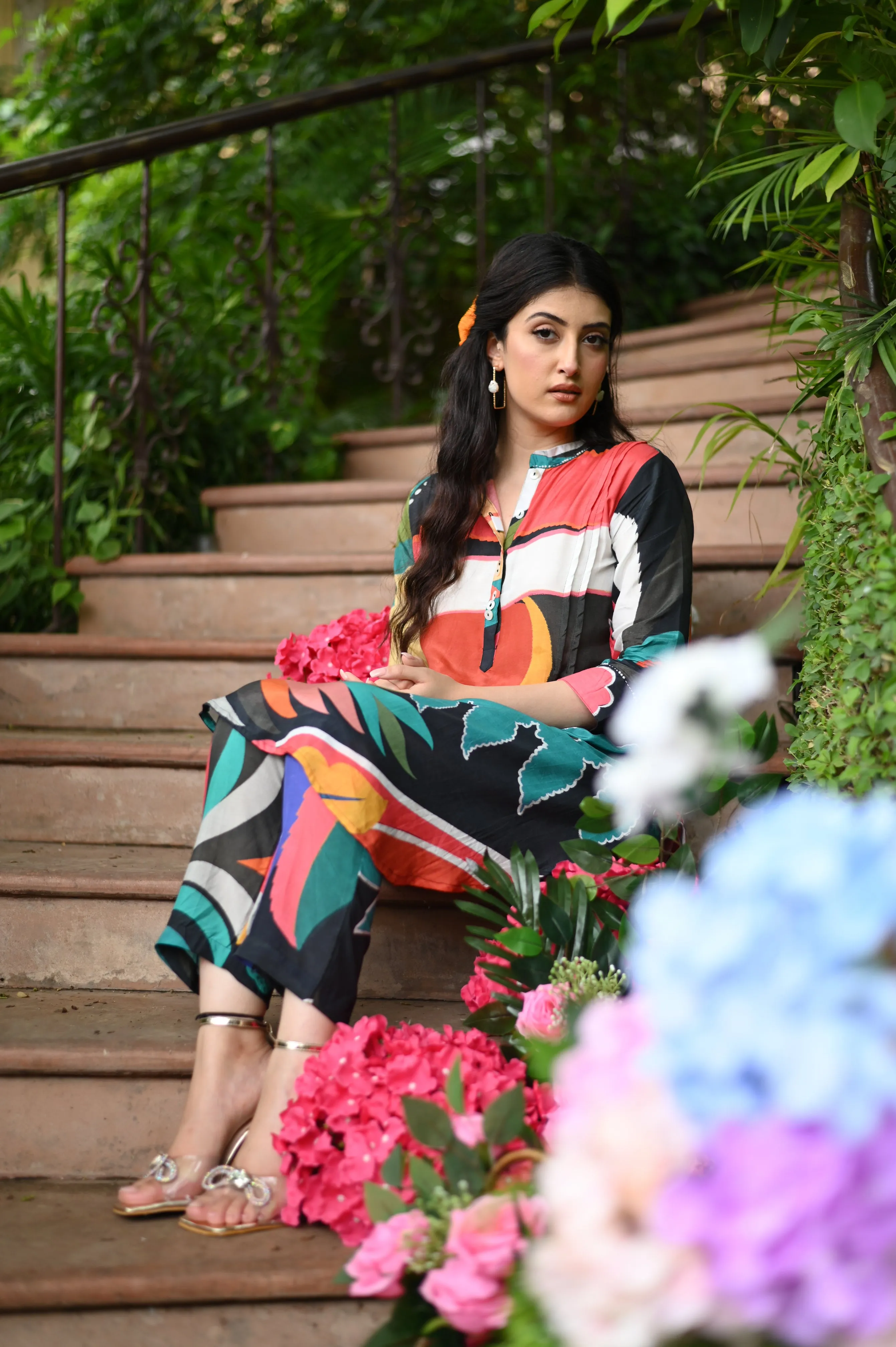 Multicolored Leaf Print Muslin Co-Ord Set (Black Base)