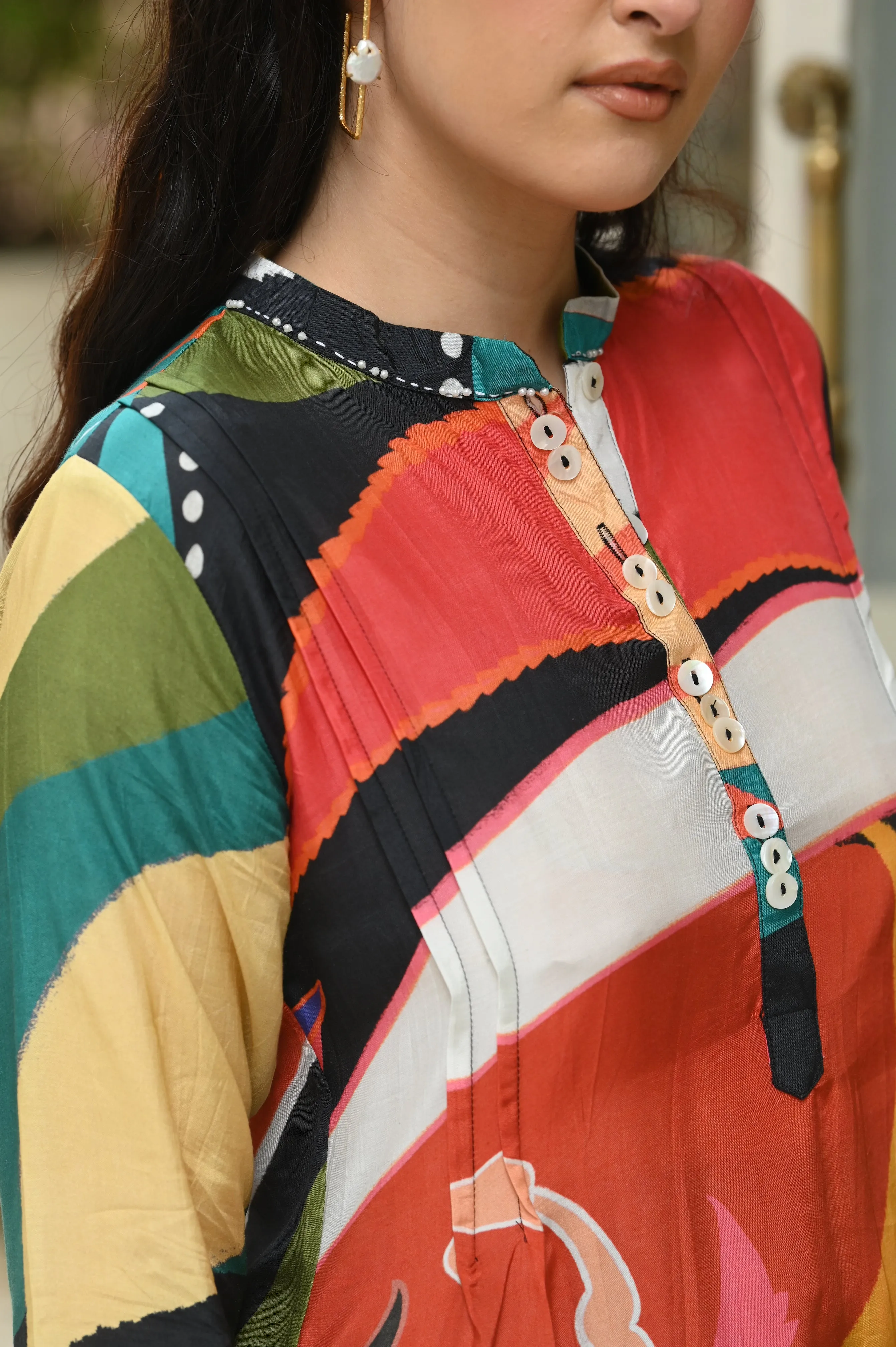 Multicolored Leaf Print Muslin Co-Ord Set (Black Base)
