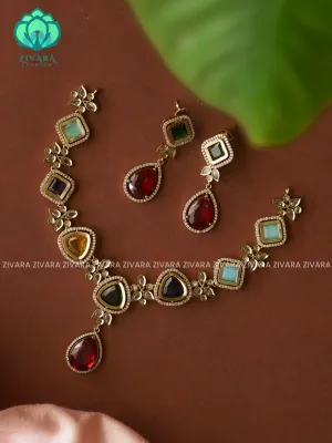 MULTICOLOUR  - TRIANGLE AND DIAMOND BIG STONE  - stylish and minimal elegant neckwear with earrings- Zivara Fashion