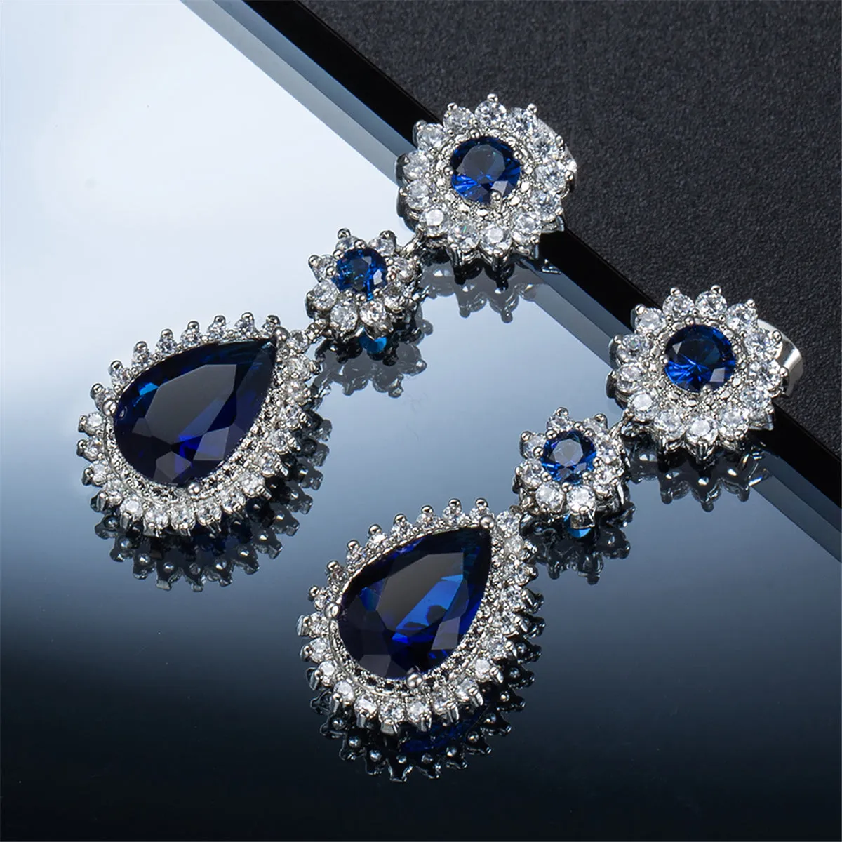 Navy Crystal & Silver-Plated Hola Drop Earrings