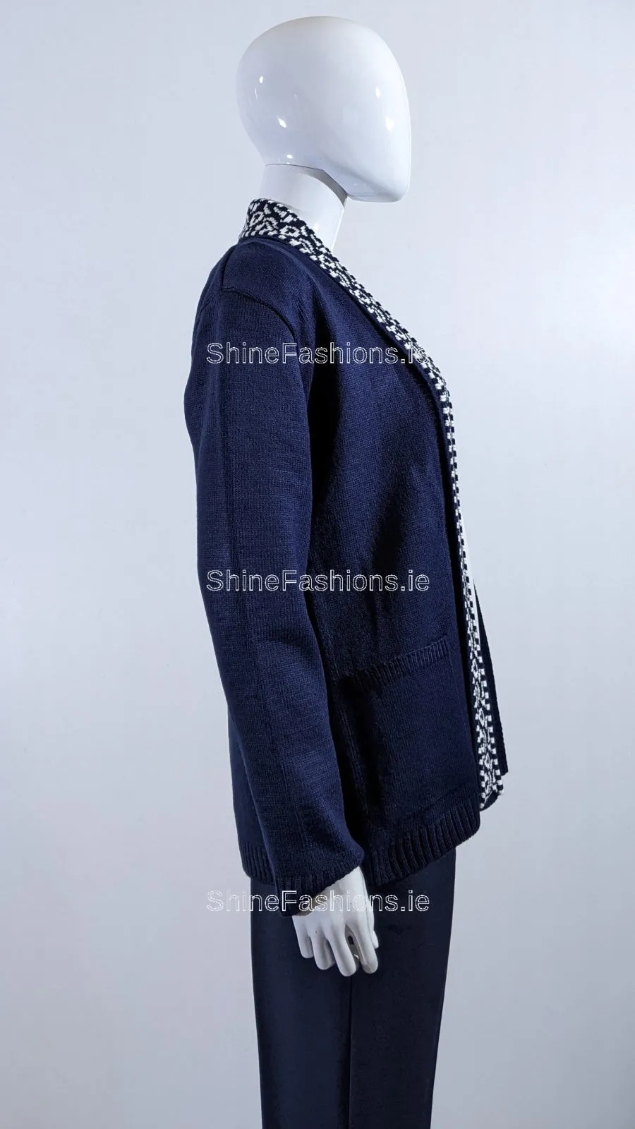 Navy Pattern Open Cardigan with Pockets