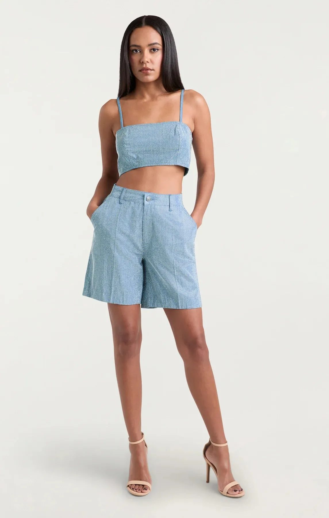 Nikki Chambray Heatset Top - Medium Blue