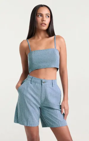 Nikki Chambray Heatset Top - Medium Blue