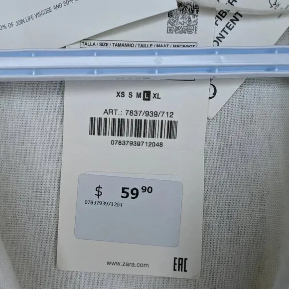 NWT ZARA Linen Blend White Dress Wood Button Down Front Collared Neck Women L