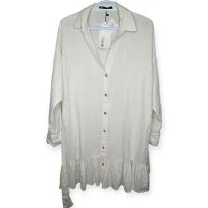 NWT ZARA Linen Blend White Dress Wood Button Down Front Collared Neck Women L