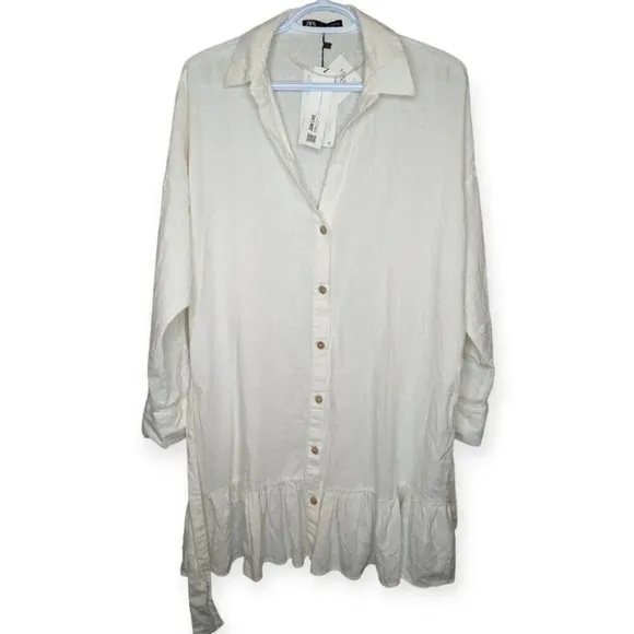 NWT ZARA Linen Blend White Dress Wood Button Down Front Collared Neck Women L