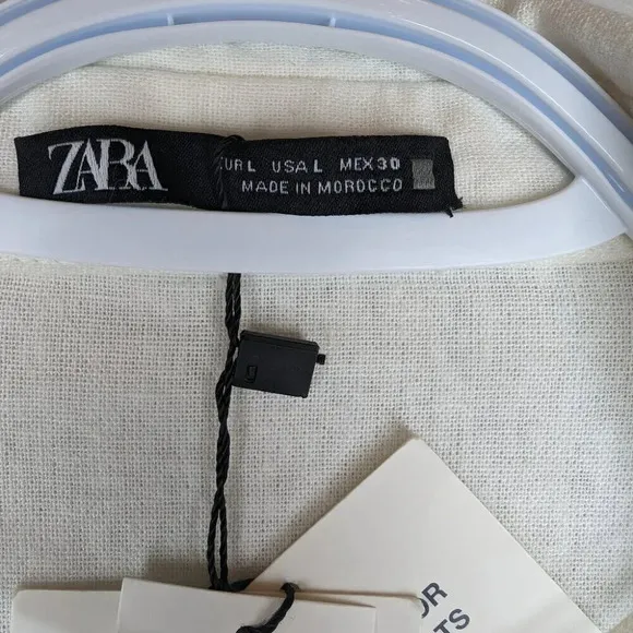 NWT ZARA Linen Blend White Dress Wood Button Down Front Collared Neck Women L