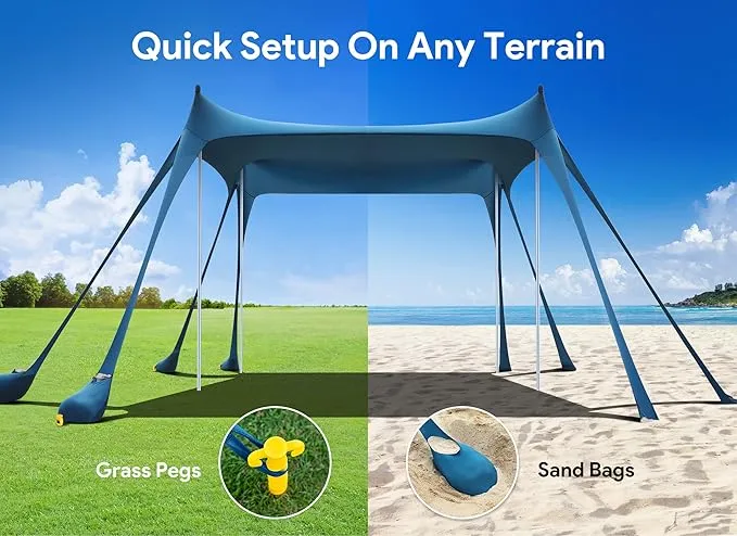 Osoeri Beach Tent, Camping Sun Shelter UPF50  with 8 Sandbags, Sand Shovels, Ground Pegs & Stability Poles, Outdoor Shade Beach Canopy for Camping Trips, Fishing, Backyard Fun or Picnics