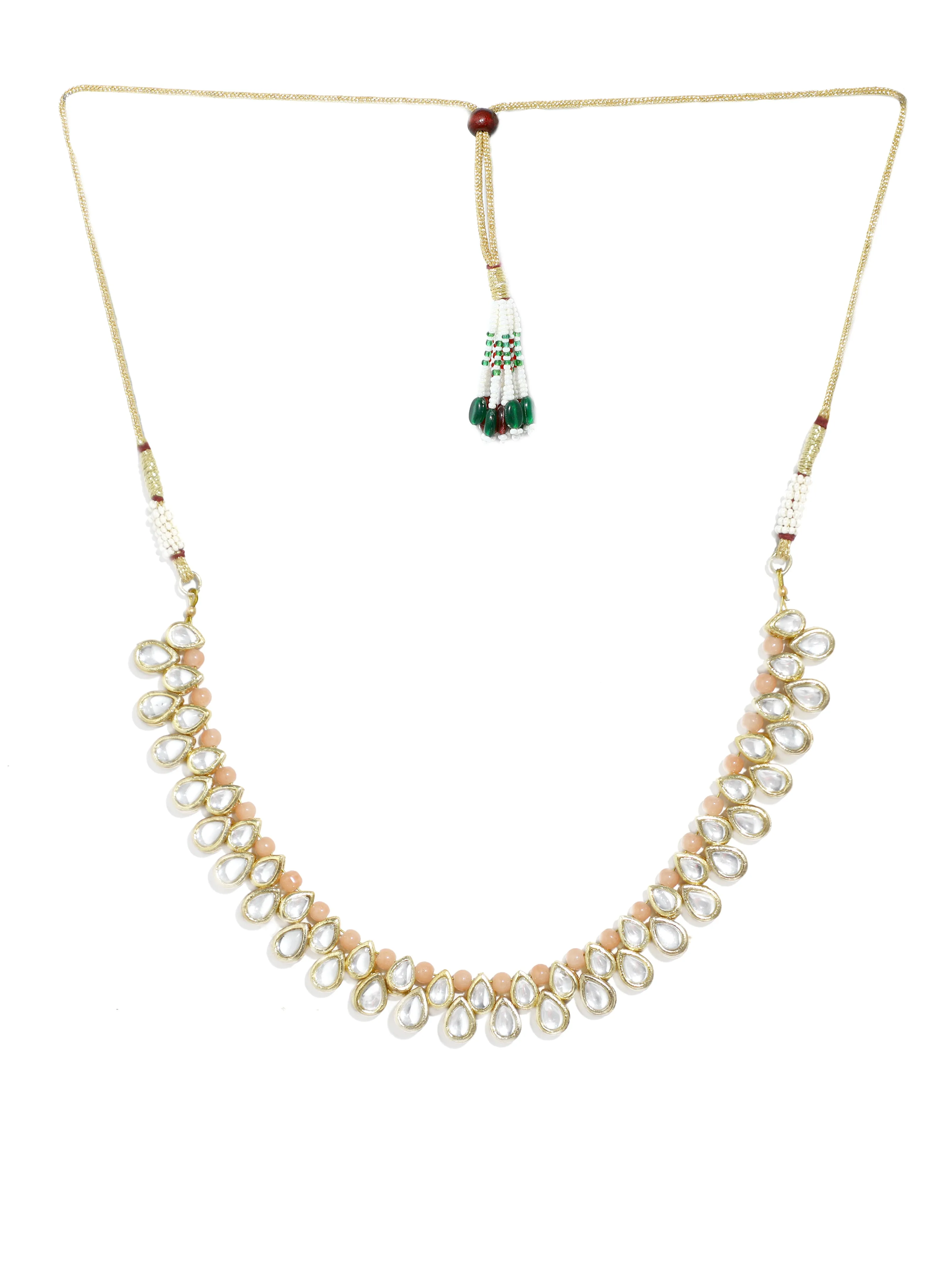 Peach Beads Studded Kundan Necklace Set