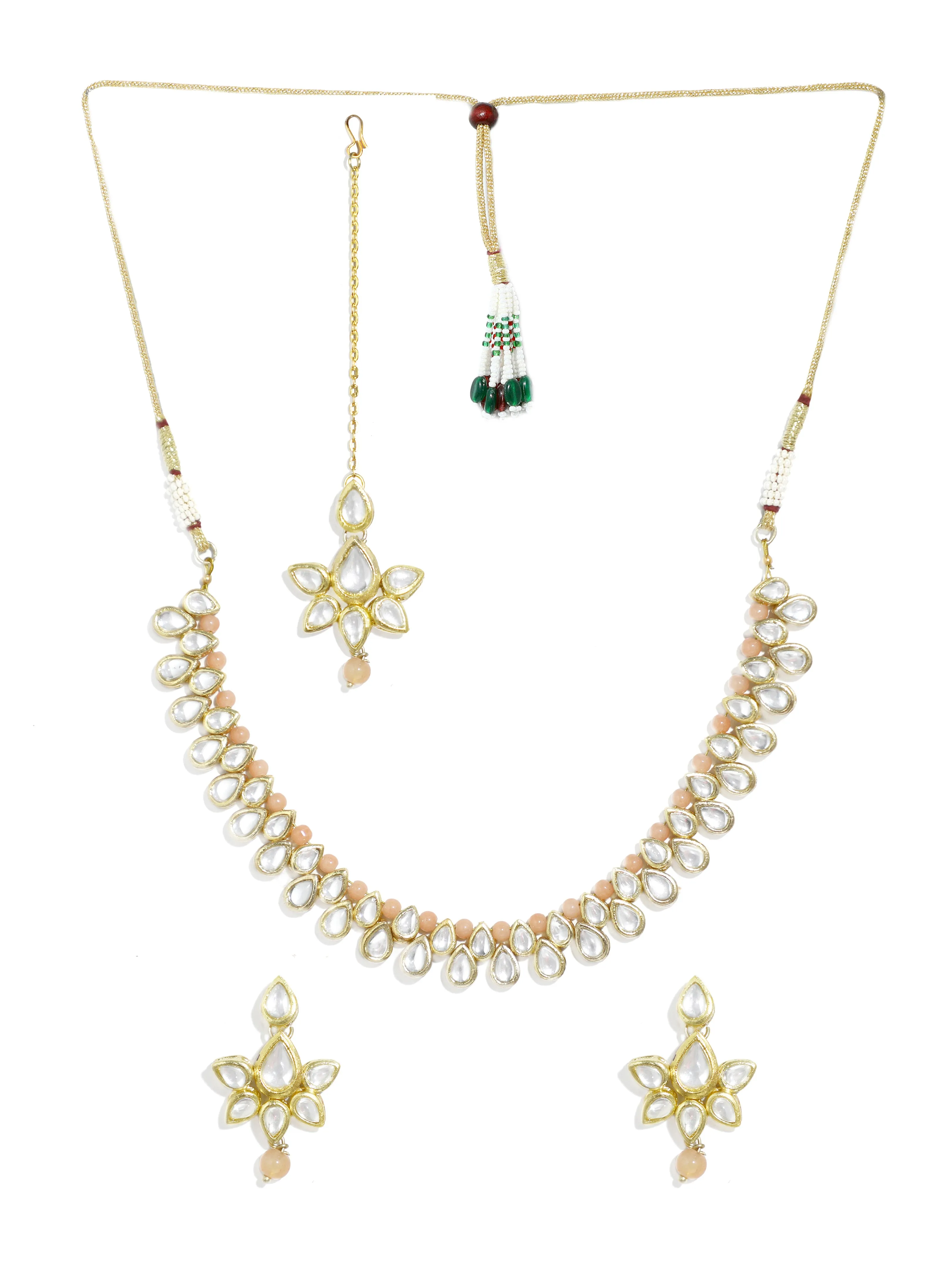 Peach Beads Studded Kundan Necklace Set