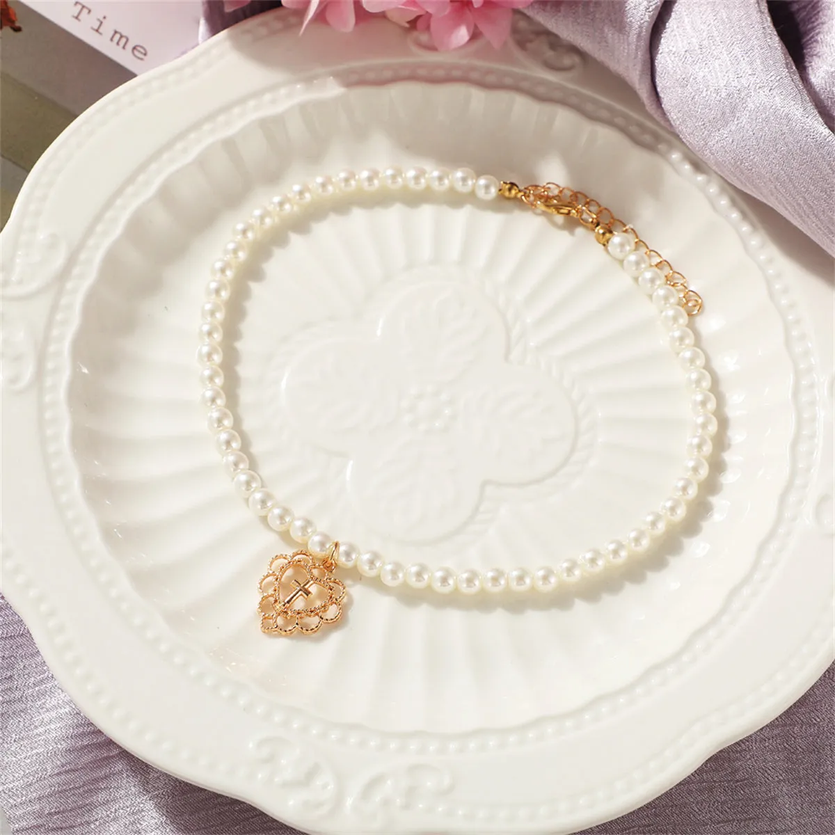 Pearl & 18K Gold-Plated Floral Heart Pendant Necklace