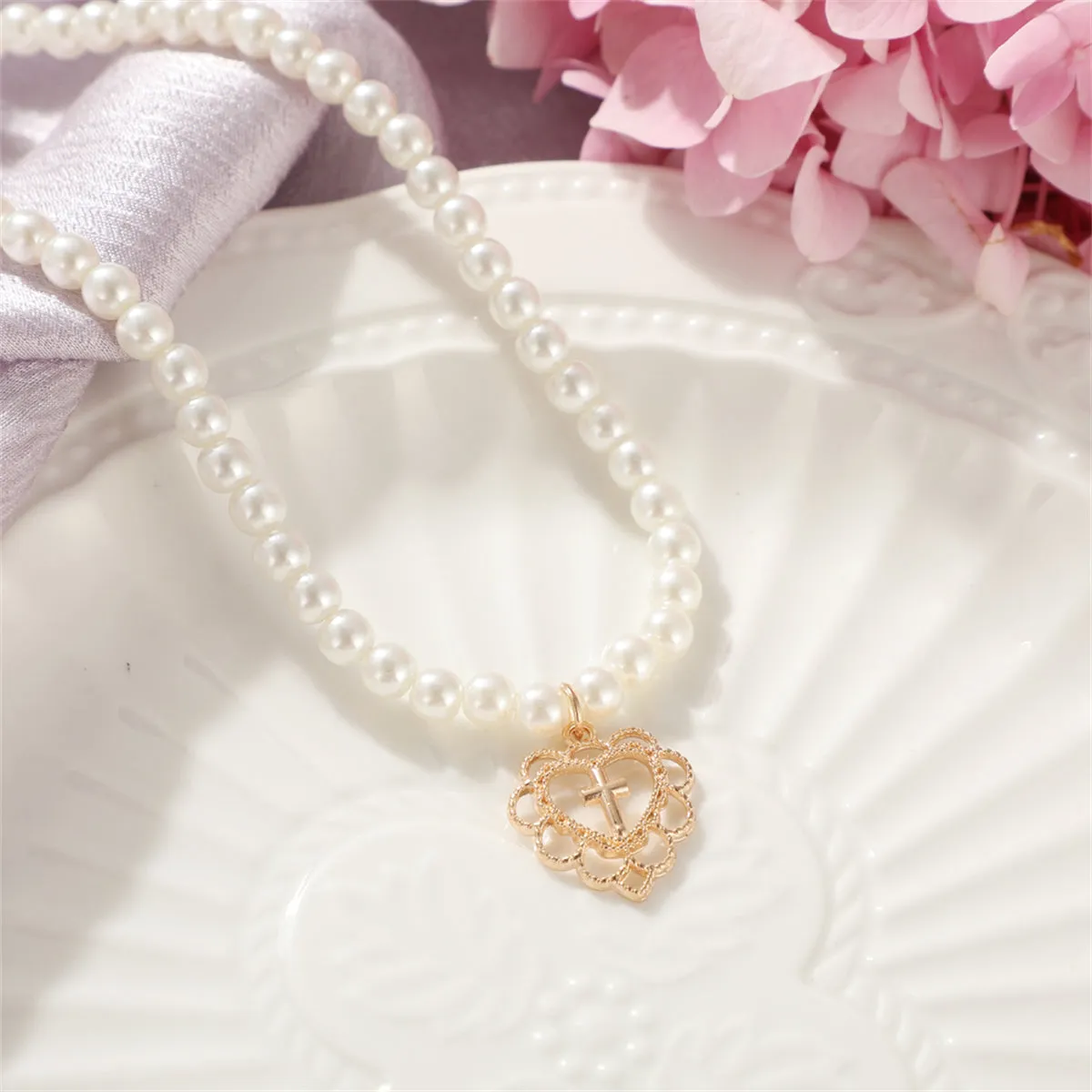 Pearl & 18K Gold-Plated Floral Heart Pendant Necklace