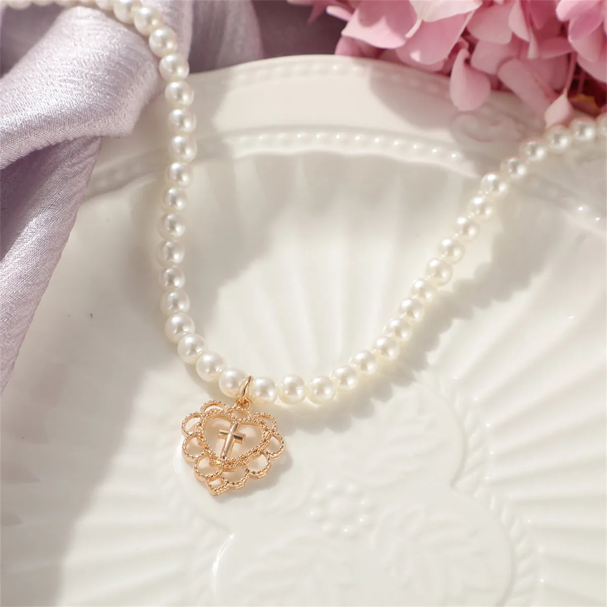Pearl & 18K Gold-Plated Floral Heart Pendant Necklace