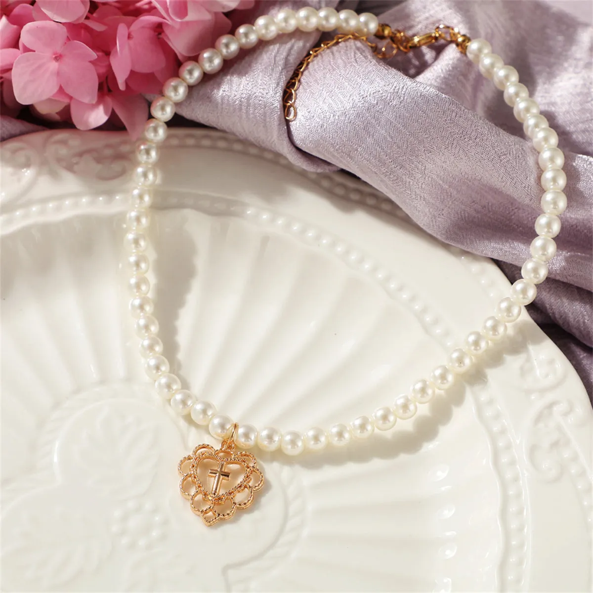 Pearl & 18K Gold-Plated Floral Heart Pendant Necklace