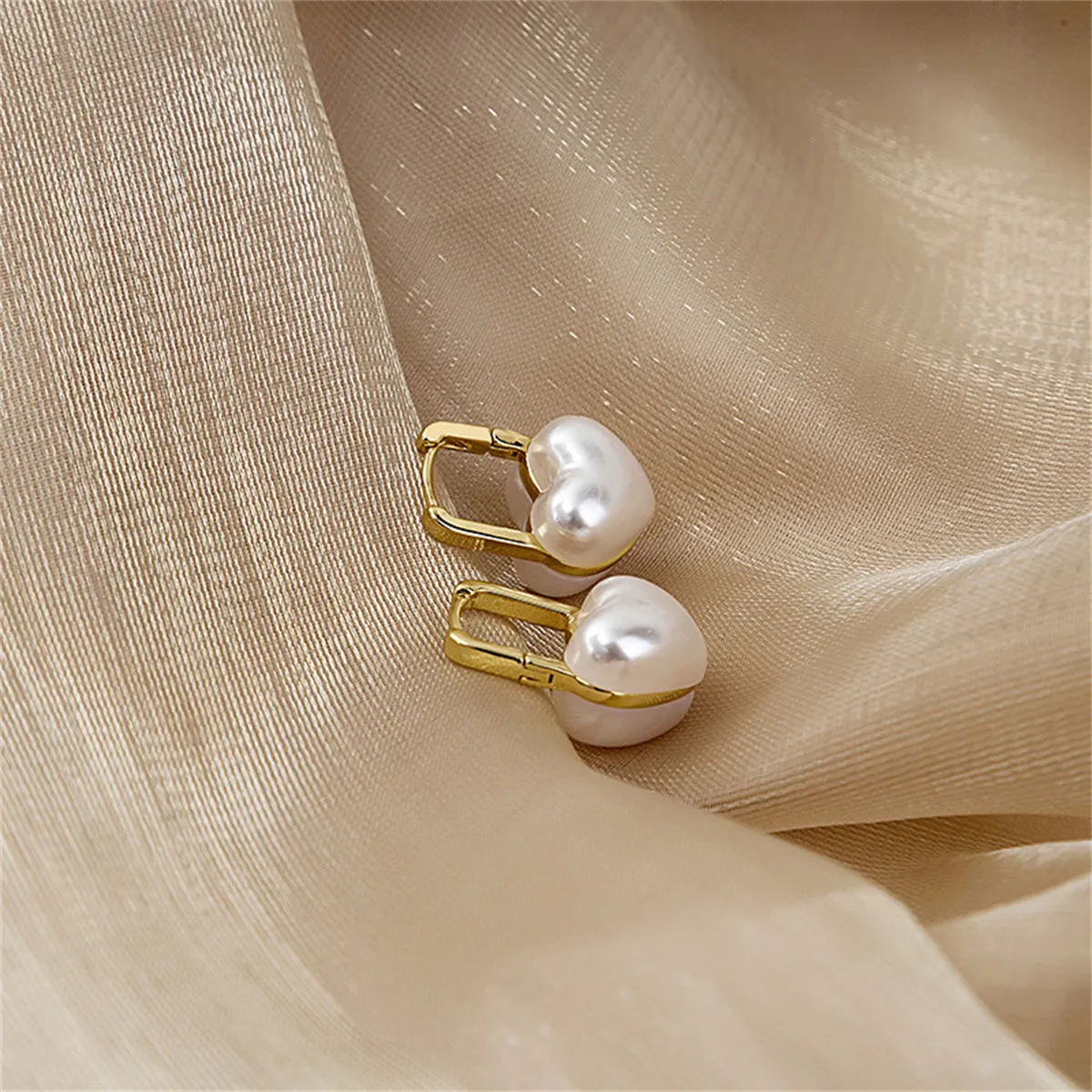 Pearl & 18K Gold-Plated Heart Huggie Earrings
