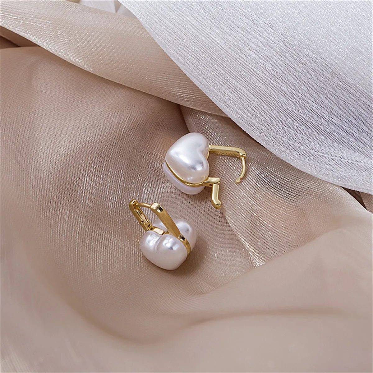 Pearl & 18K Gold-Plated Heart Huggie Earrings
