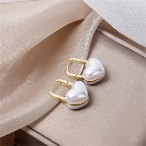 Pearl & 18K Gold-Plated Heart Huggie Earrings