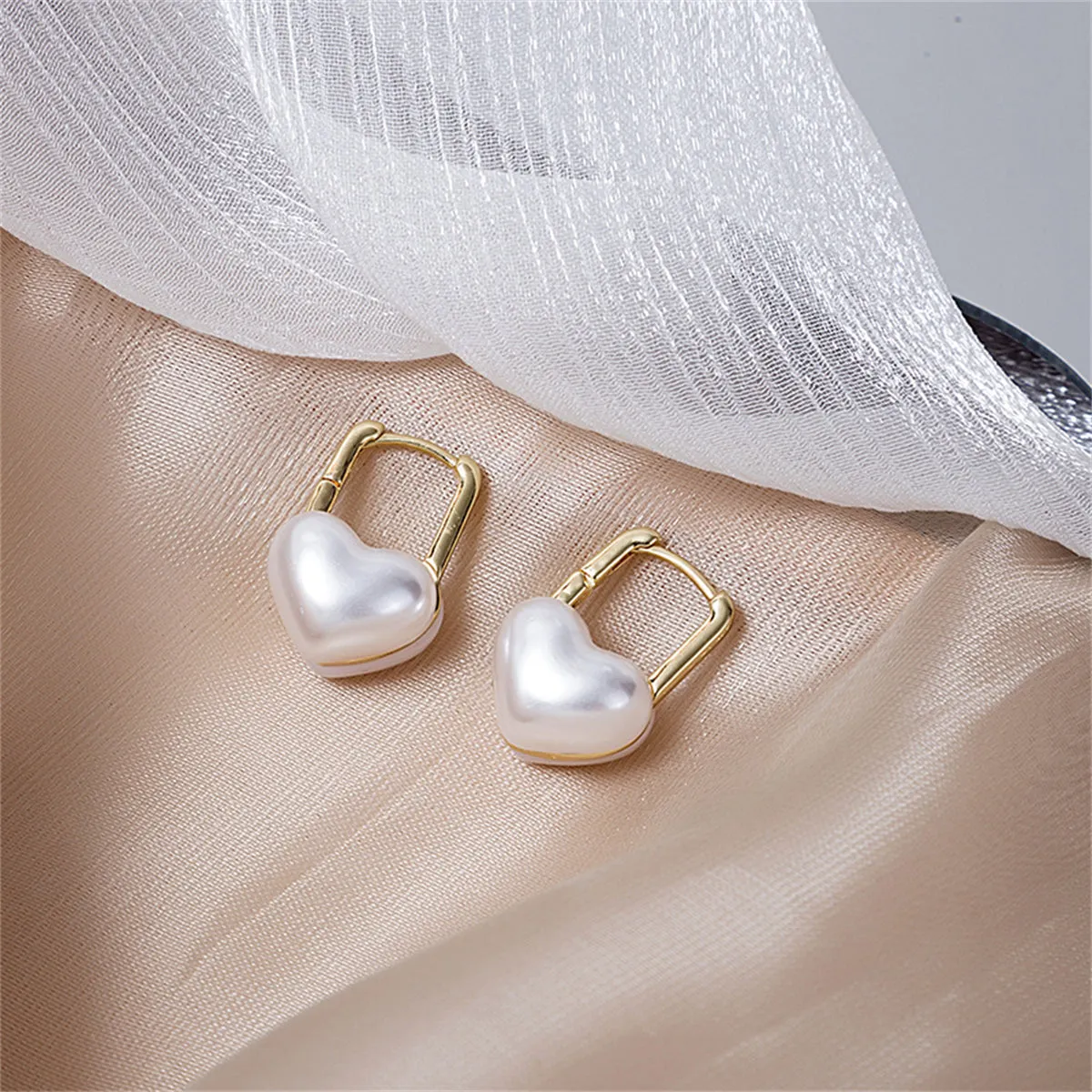 Pearl & 18K Gold-Plated Heart Huggie Earrings