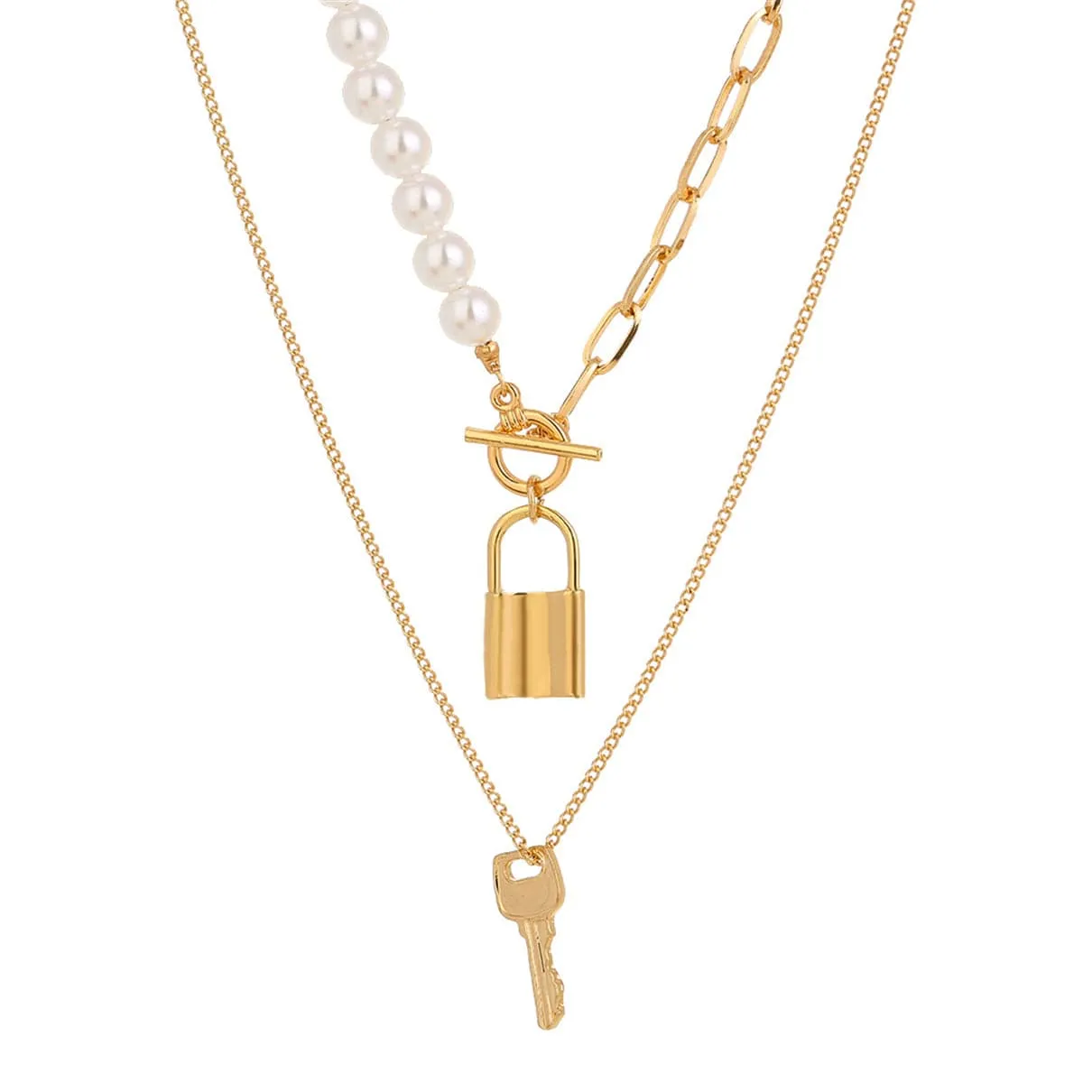 Pearl & 18K Gold-Plated Key Lock Pendant Necklace Set