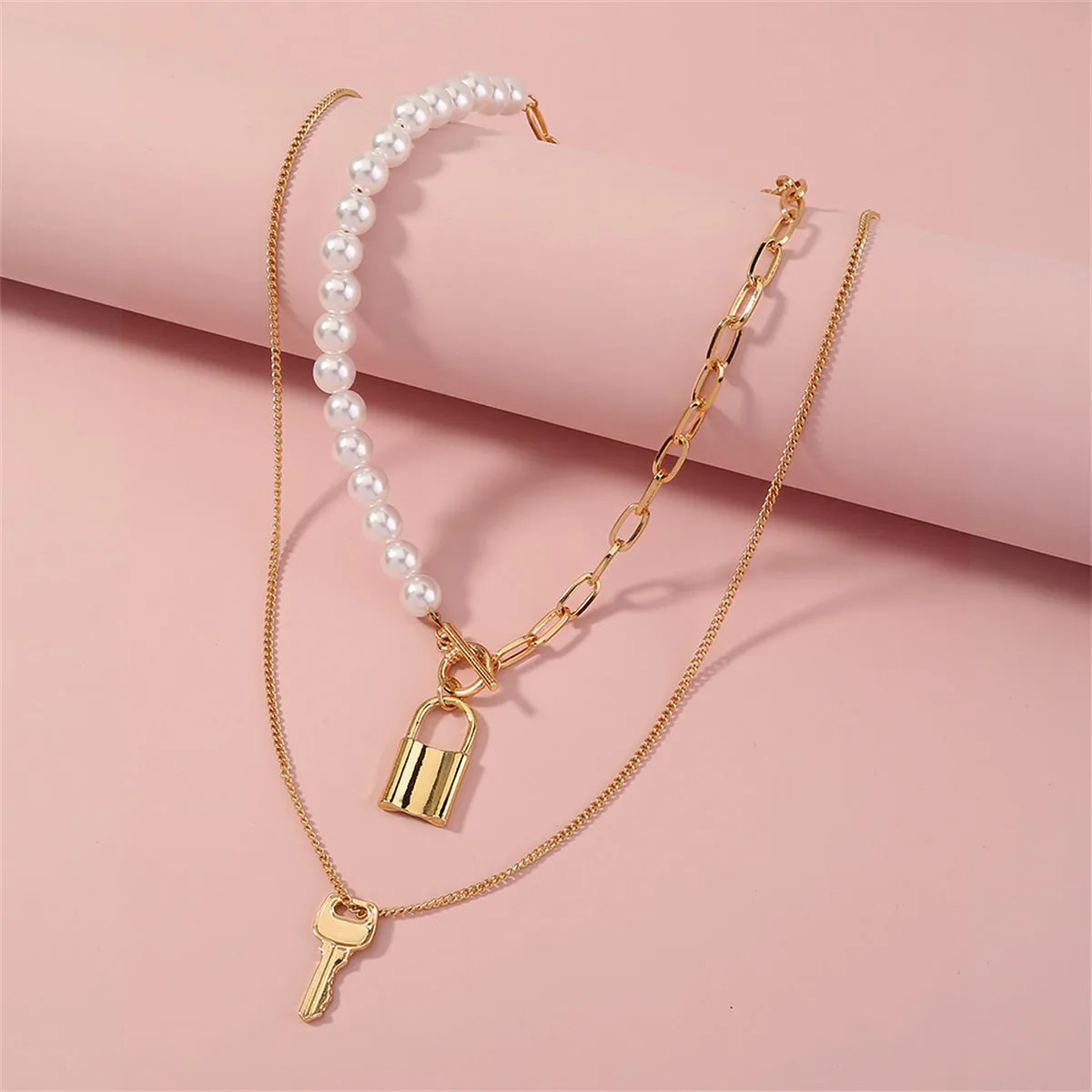 Pearl & 18K Gold-Plated Key Lock Pendant Necklace Set