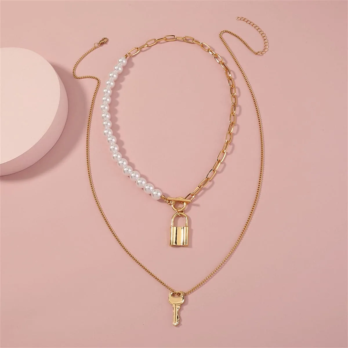 Pearl & 18K Gold-Plated Key Lock Pendant Necklace Set