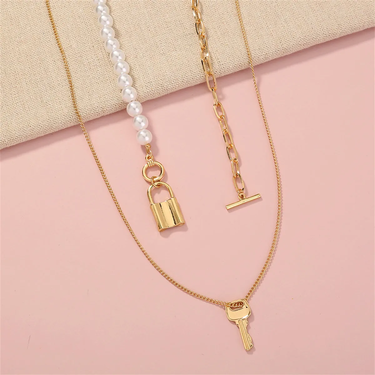 Pearl & 18K Gold-Plated Key Lock Pendant Necklace Set