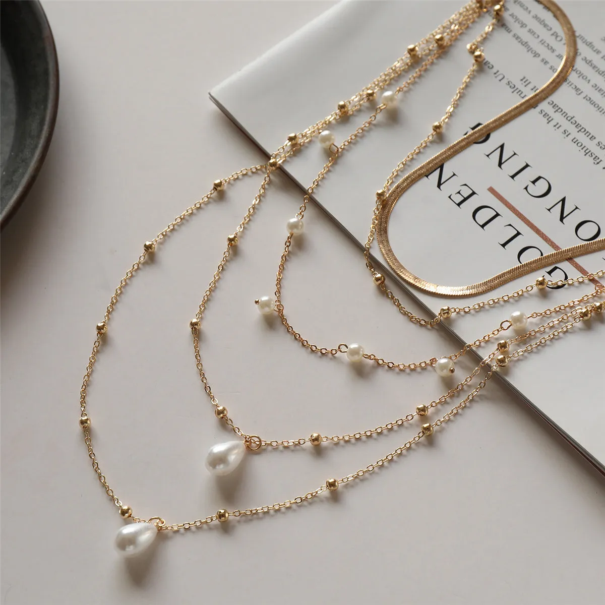 Pearl & 18K Gold-Plated Snake Chain Layered Pendant Necklace