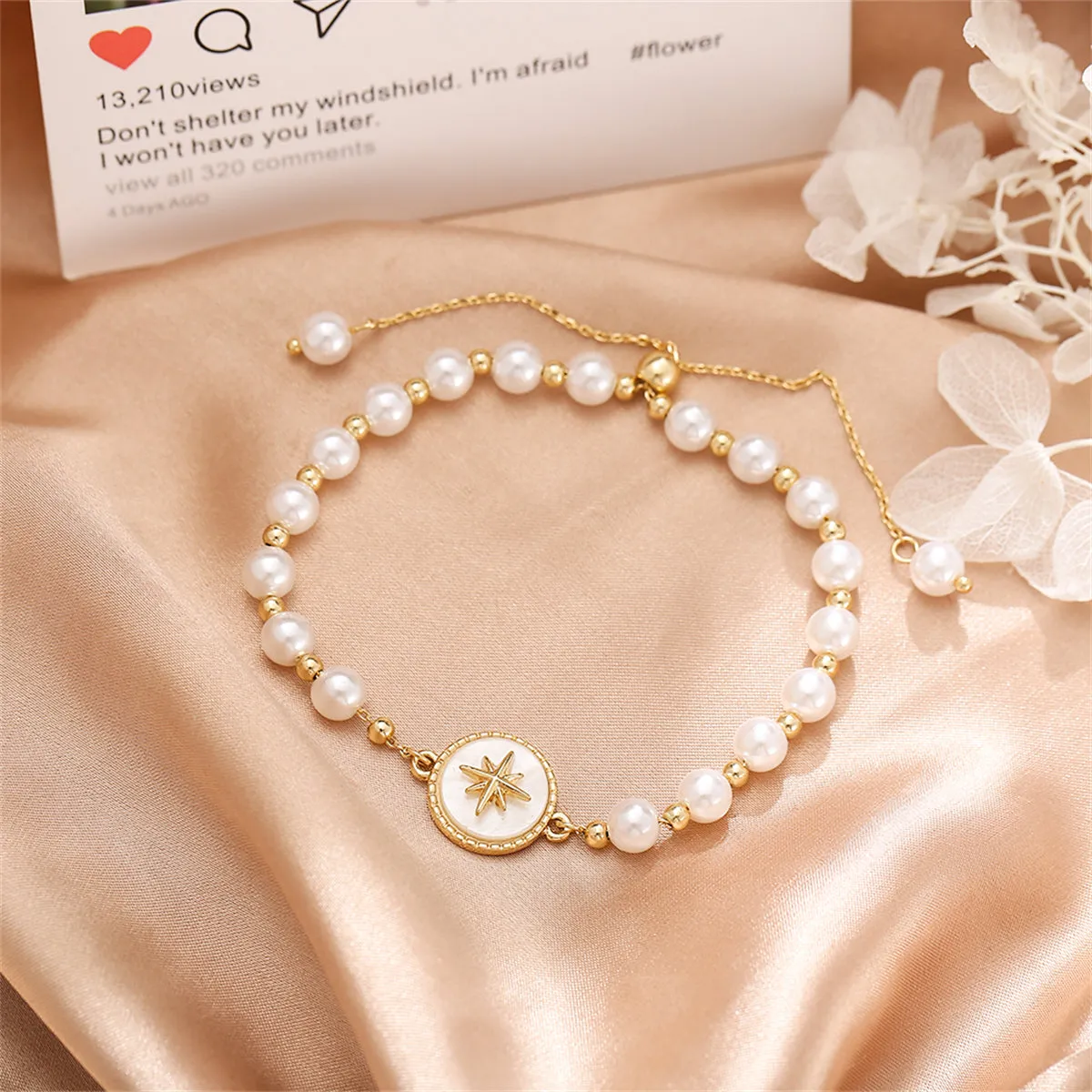 Pearl & Shell 18K Gold-Plated Star Charm Adjustable Bracelet
