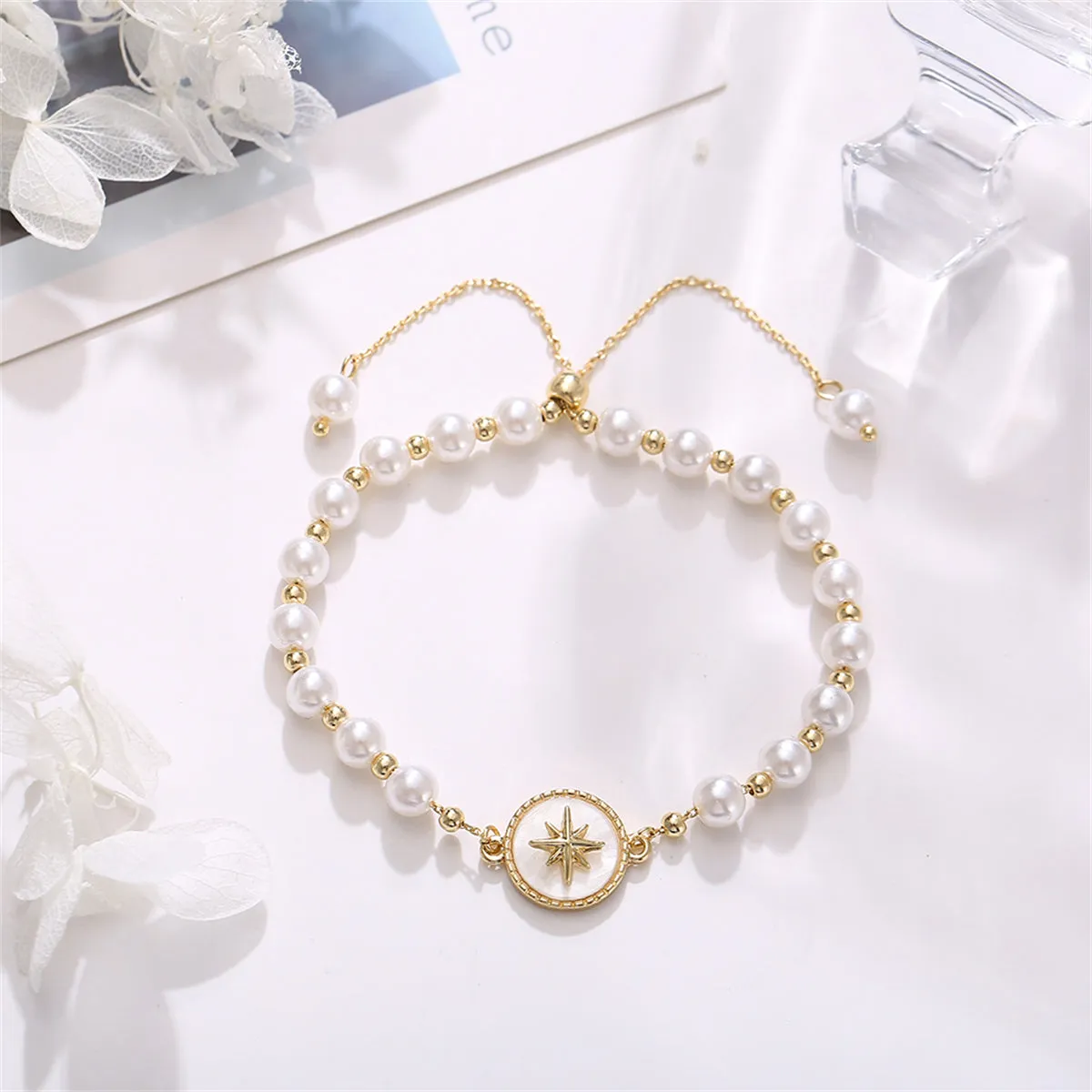 Pearl & Shell 18K Gold-Plated Star Charm Adjustable Bracelet