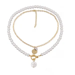 Pearl & Two-Tone Round Pendant Necklace - Set Of Two