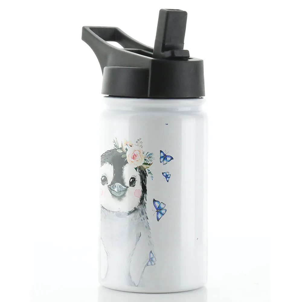 Personalised Penguin Butterflies and Name White Sports Flask