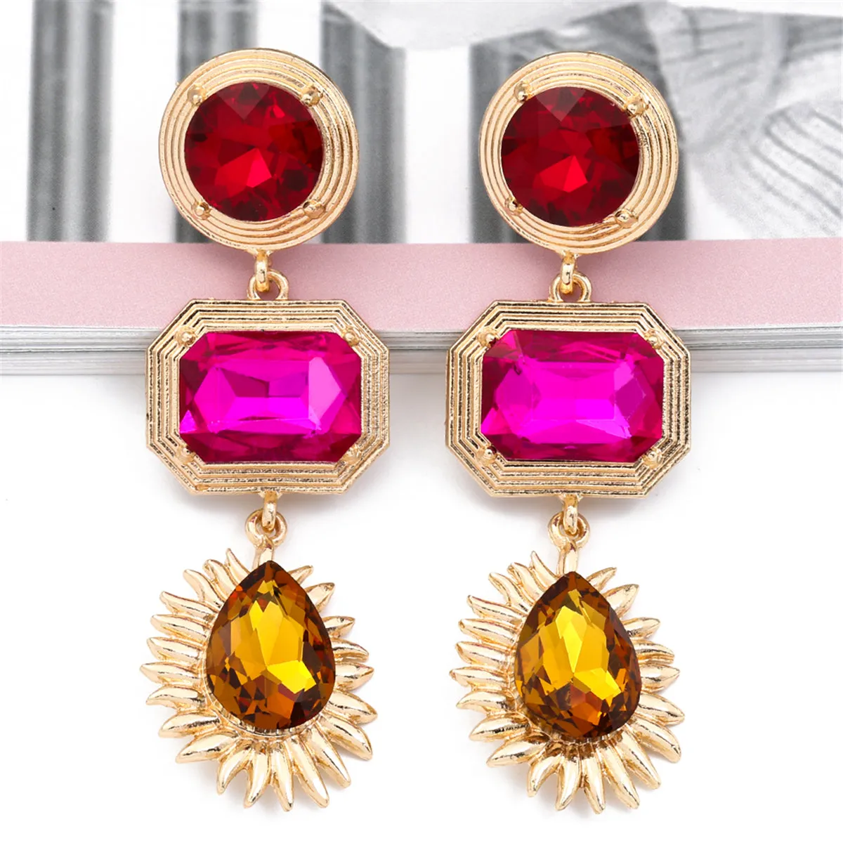 Pink Crystal & 18K Gold-Plated Geometric Drop Earrings