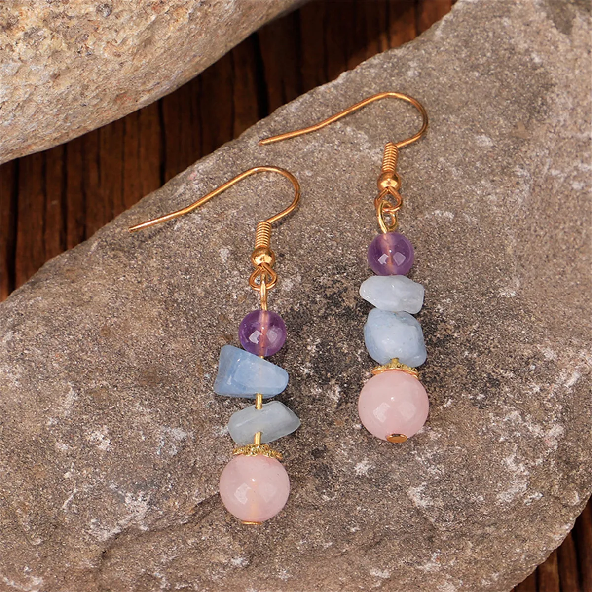 Pink Quartz & 18K Gold-Plated Beads Drop Earrings