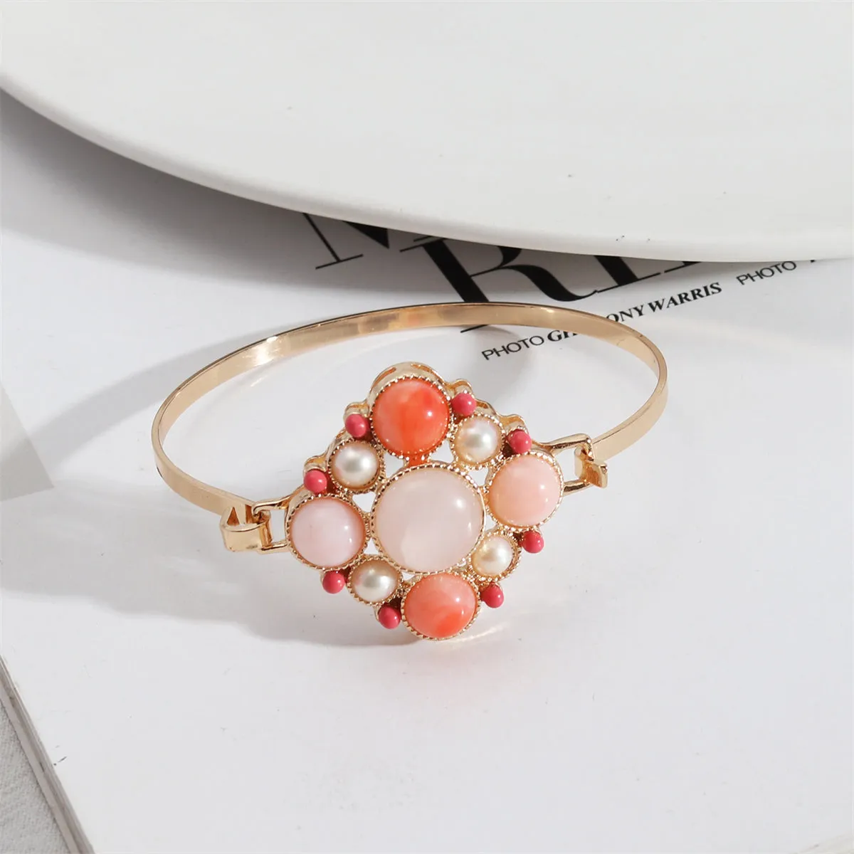 Pink Quartz & Pearl 18K Gold-Plated Floral Bangle
