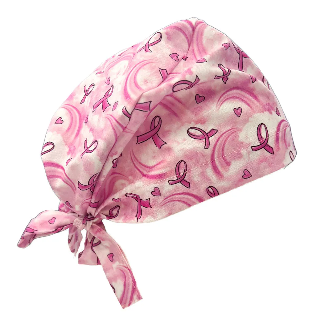 Pink Ribbon Tie Elastic Back Scrub Caps - 1015F