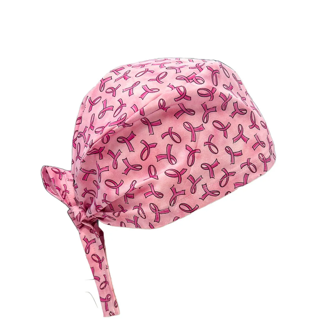 Pink Ribbon Tie Elastic Back Scrub Caps - 1015F