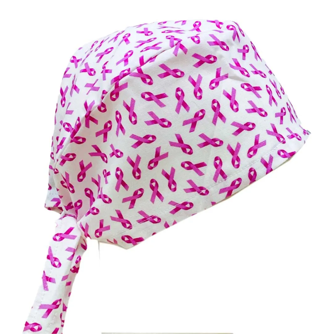 Pink Ribbon Tie Elastic Back Scrub Caps - 1015F