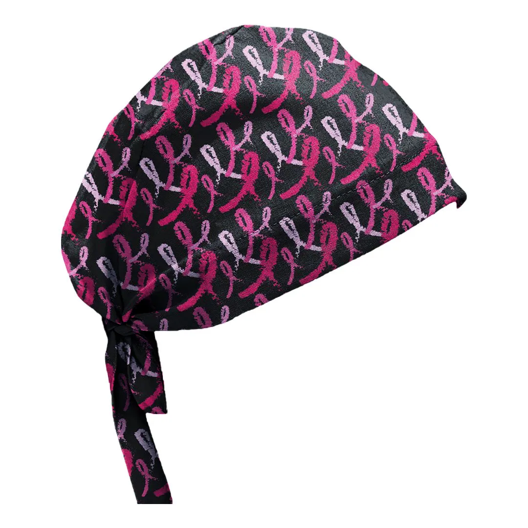 Pink Ribbon Tie Elastic Back Scrub Caps - 1015F