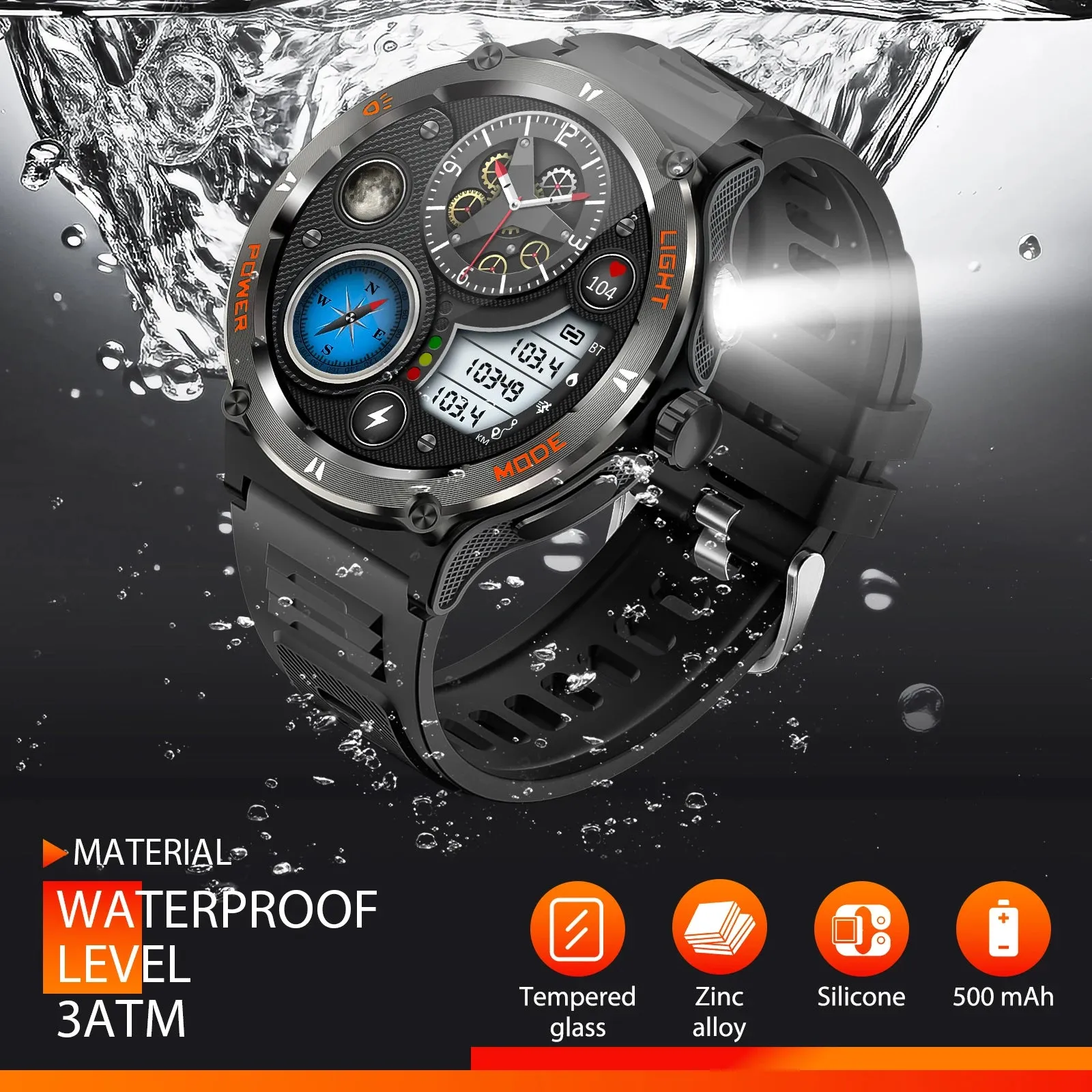Premium Outdoor Sports Smartwatch for Men – GPS, 1.53" HD Display, Bluetooth Call, Compass, LED Flashlight, 3ATM Waterproof, Fitness & Health Monitoring for Android & iOS