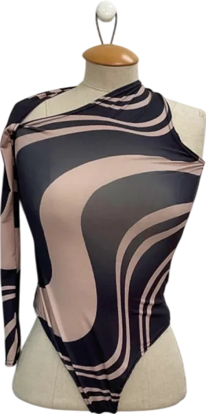 PrettyLittleThing Black Swirl Print One Shoulder Bodysuit UK 14