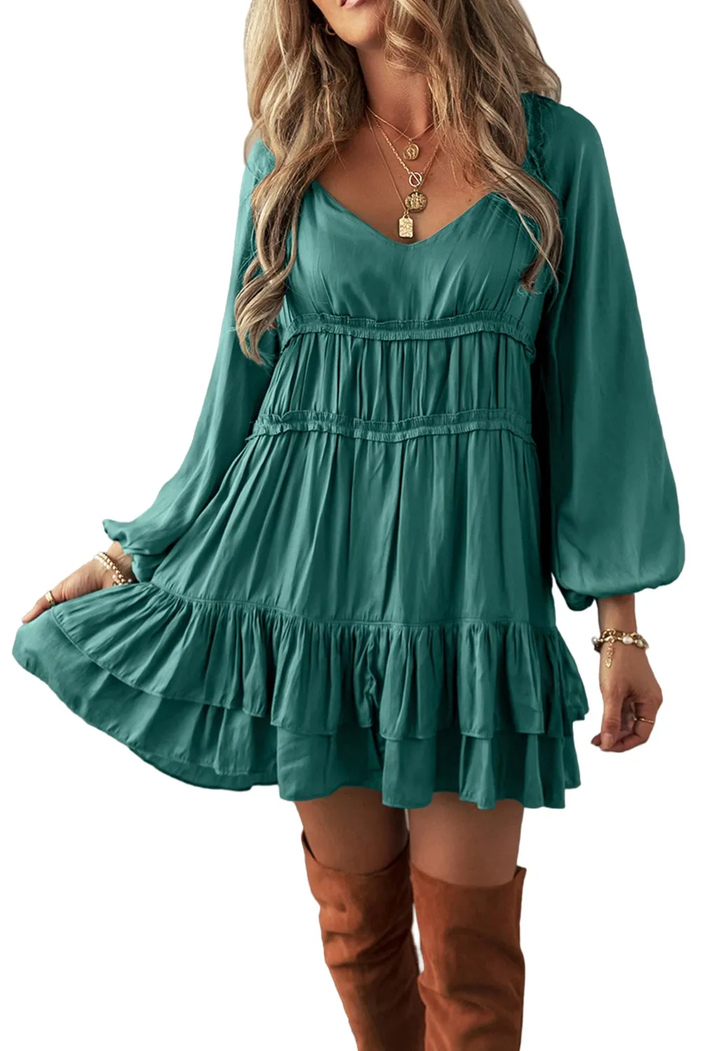 Puff Sleeve Loose Fit Tiered Ruffle Mini Dress