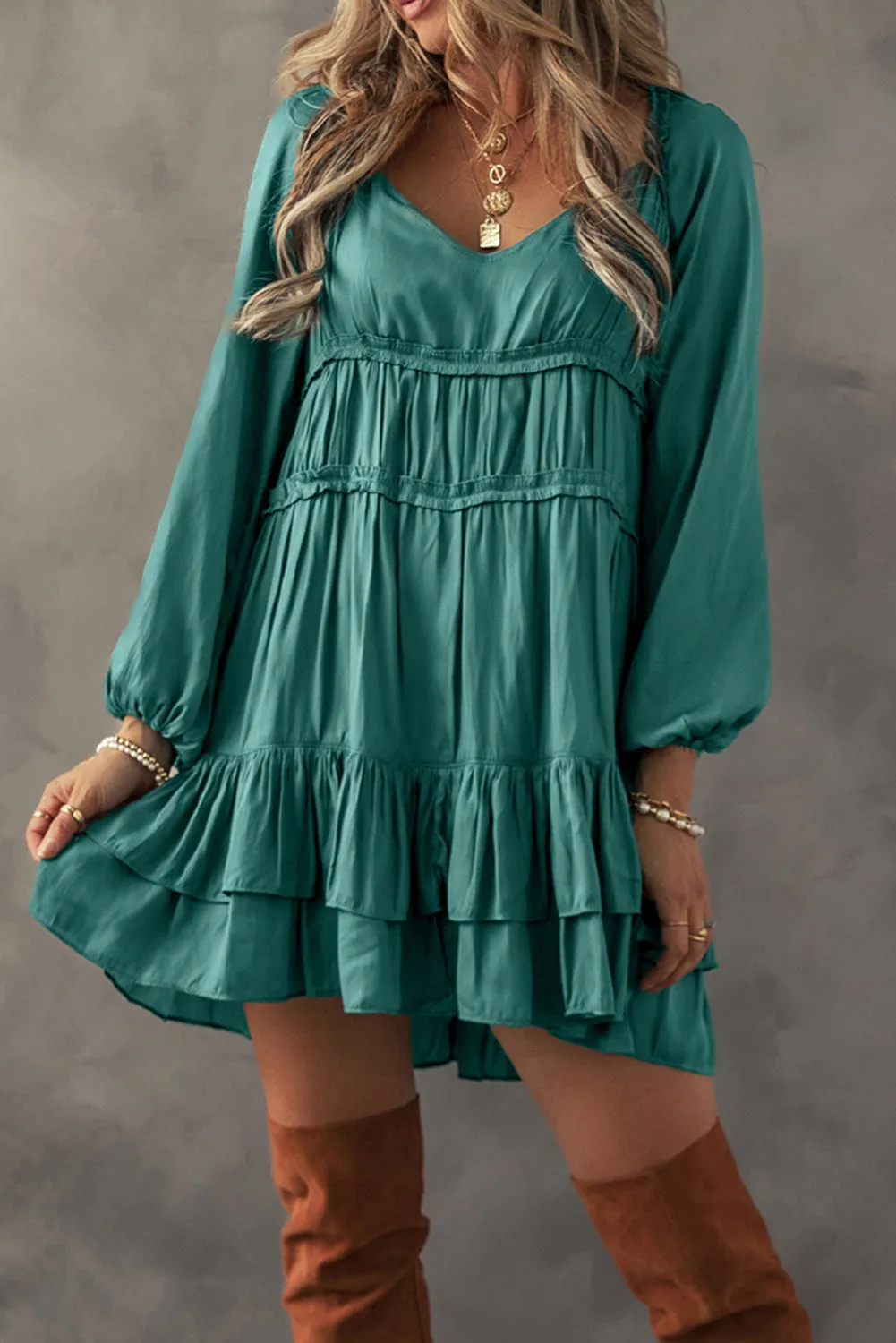 Puff Sleeve Loose Fit Tiered Ruffle Mini Dress