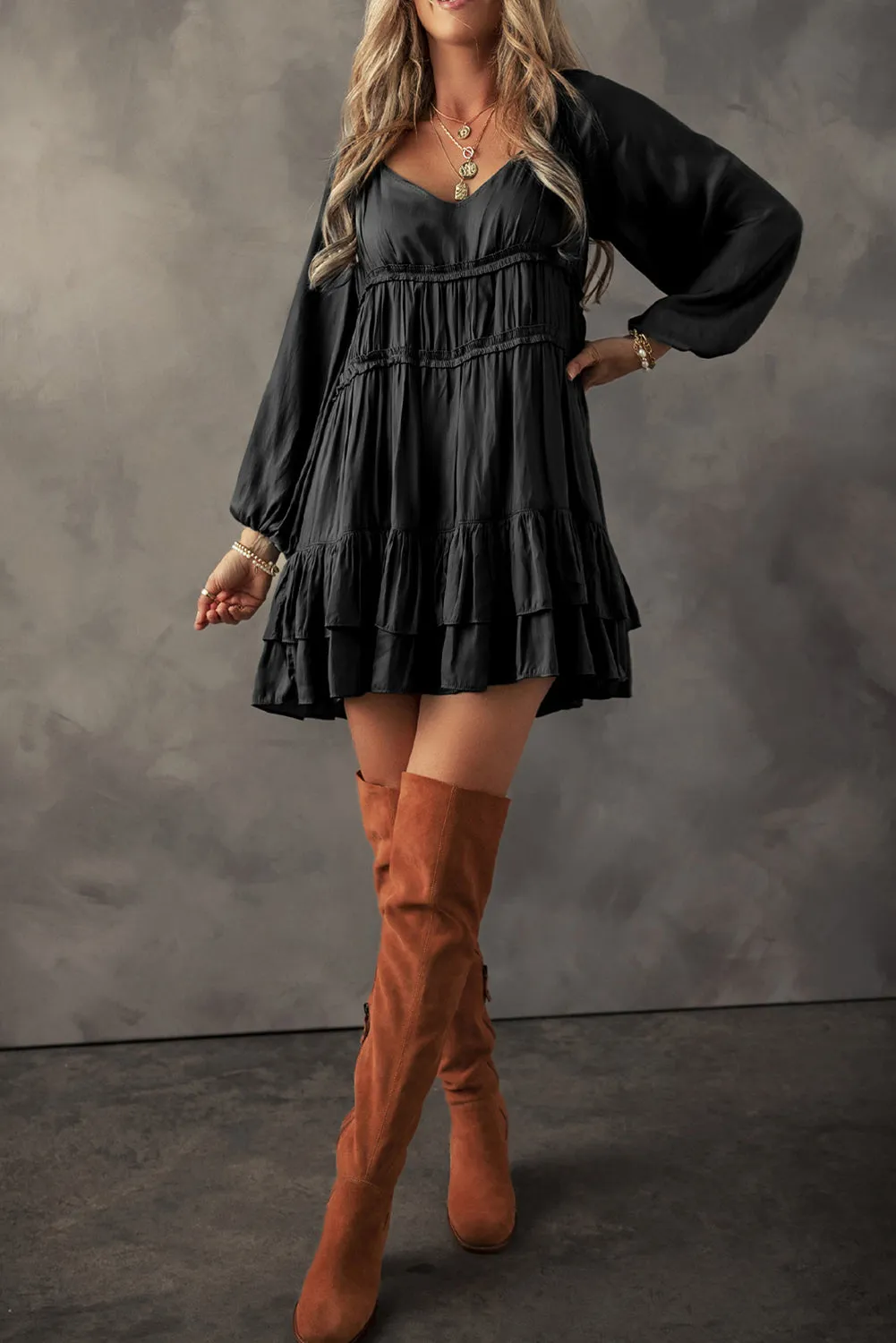 Puff Sleeve Loose Fit Tiered Ruffle Mini Dress
