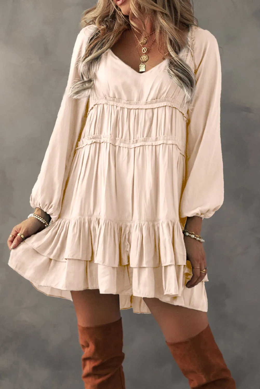 Puff Sleeve Loose Fit Tiered Ruffle Mini Dress