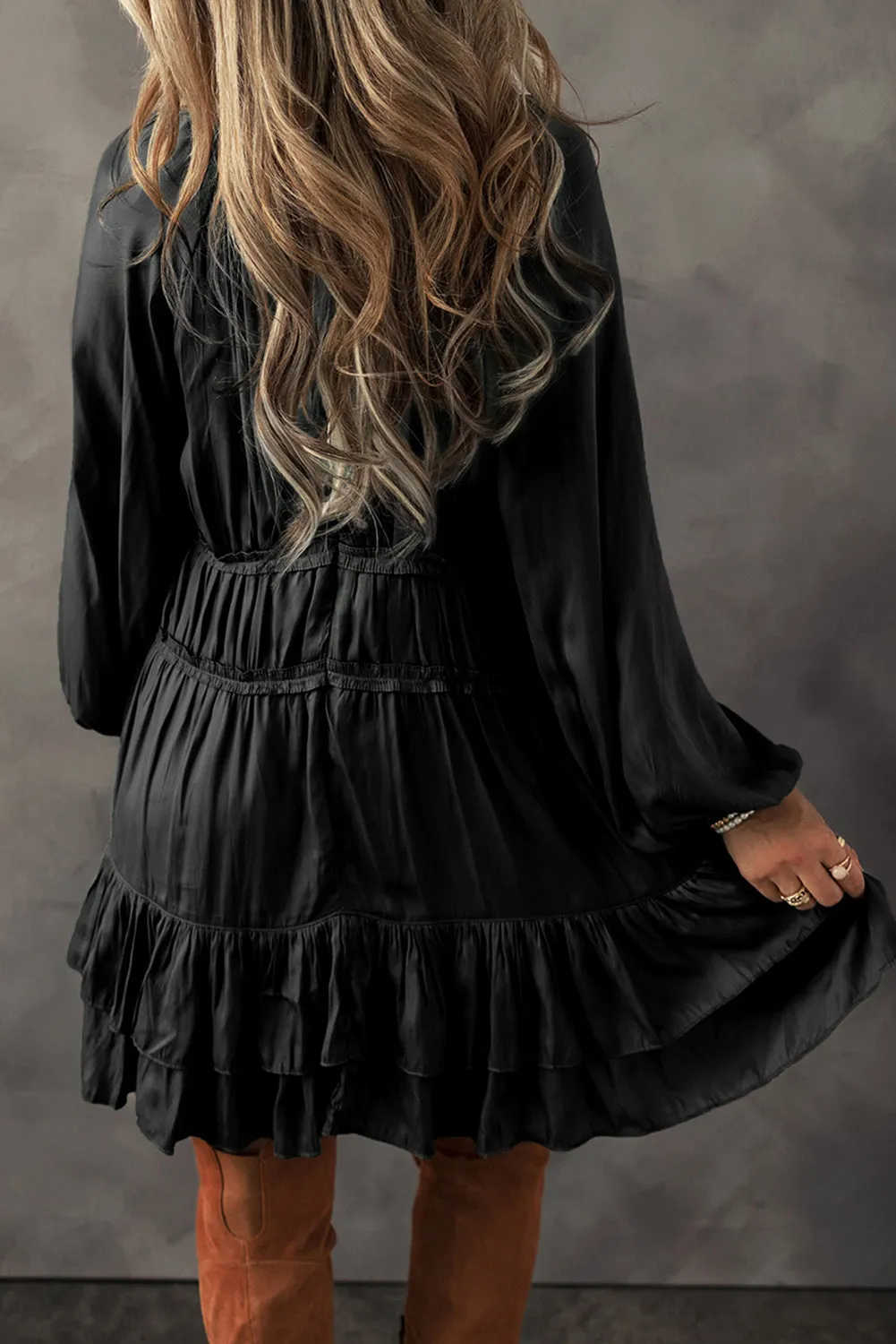 Puff Sleeve Loose Fit Tiered Ruffle Mini Dress